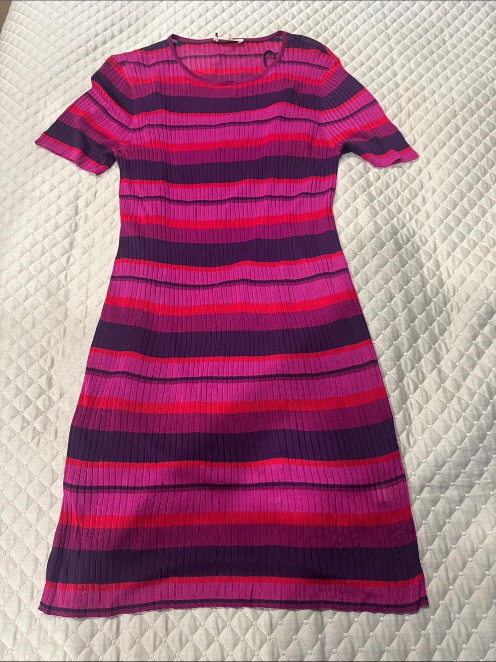 Striped Short-Sleeve Knit Dress in Pink & Purple & Red